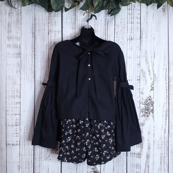 Free People So Obviously Yours poplin bell sleeve blouse bow details & buttons - Picture 7 of 15